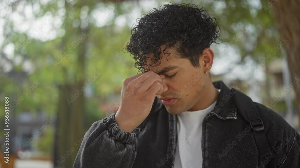Hispanic young man rubbing eyes in an urban park setting, showing fatigue or stress Hispanic young man rubbing eyes in an urban park setting, showing fatigue or stress