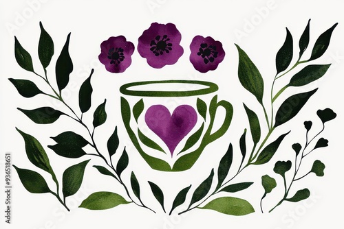 Floral tea cup with purple flowers and green leaves