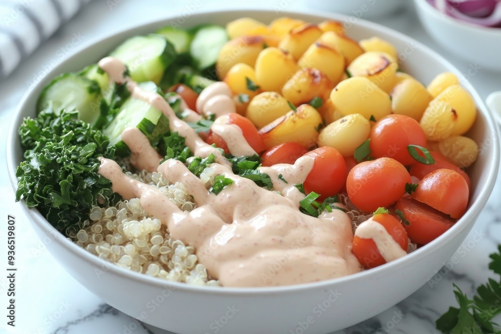 Fresh vibrant buddha bowl with quinoa, vegetables, and drizzled sauce Fresh vibrant buddha bowl with quinoa, vegetables, and drizzled sauce
