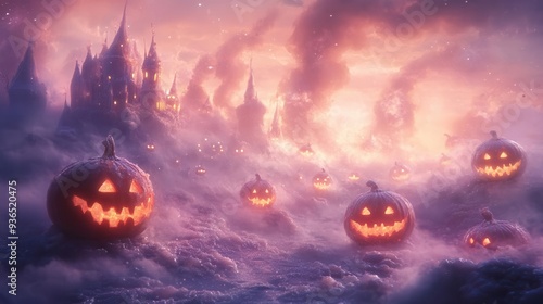 Jackolanternheaded candy creatures marching through a misty, sugardusted landscape photo