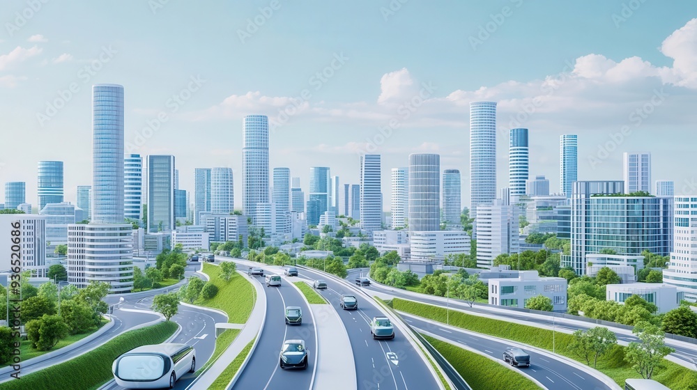 Fototapeta premium A futuristic urban landscape with automated vehicles, smart buildings, and green spaces, promoting sustainable living, urban development, technological innovation, sustainability