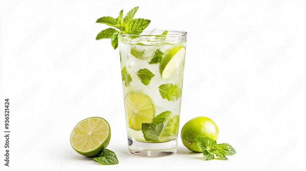 Fototapeta premium A vibrant Mojito in a tall glass with fresh mint leaves and lime slices, isolated on a pure white background