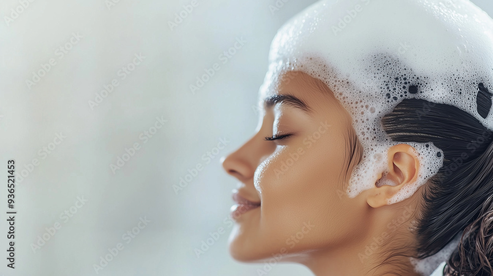 Fototapeta premium Close-up of a young woman shampooing her hair, with rich foam and a focus on body and hair care, copy space. photo