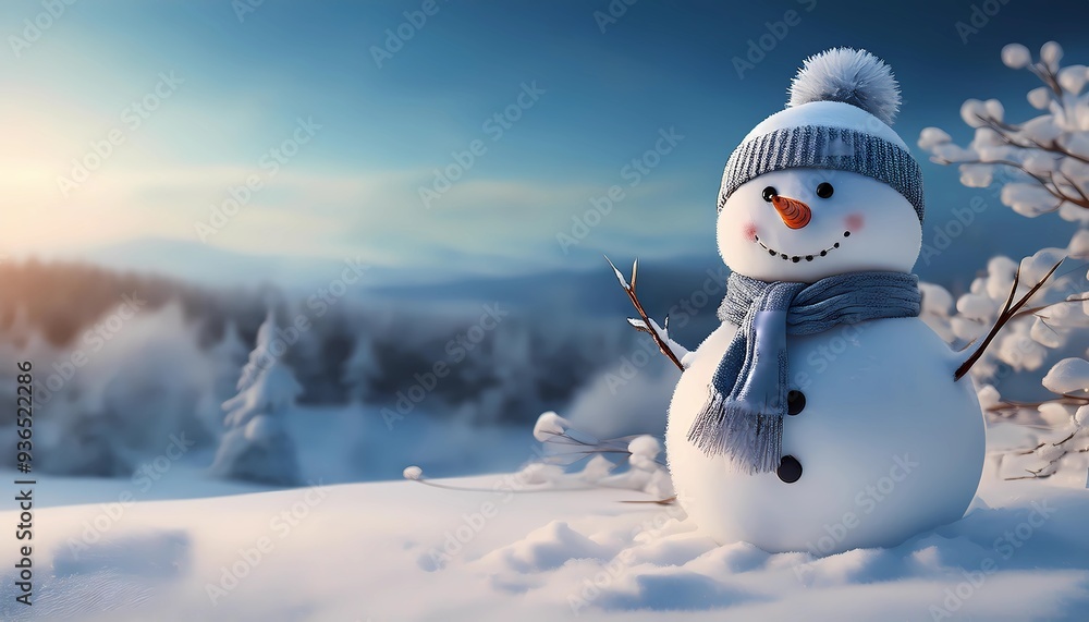Obraz premium snowman in an idyllic winter landscape, christmas card