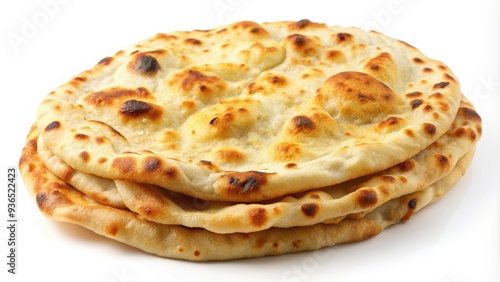 Golden-brown, puffed, and freshly baked Indian flatbread, roti, lies isolated on a white background, highlighting its delicate texture and crusty edges. photo