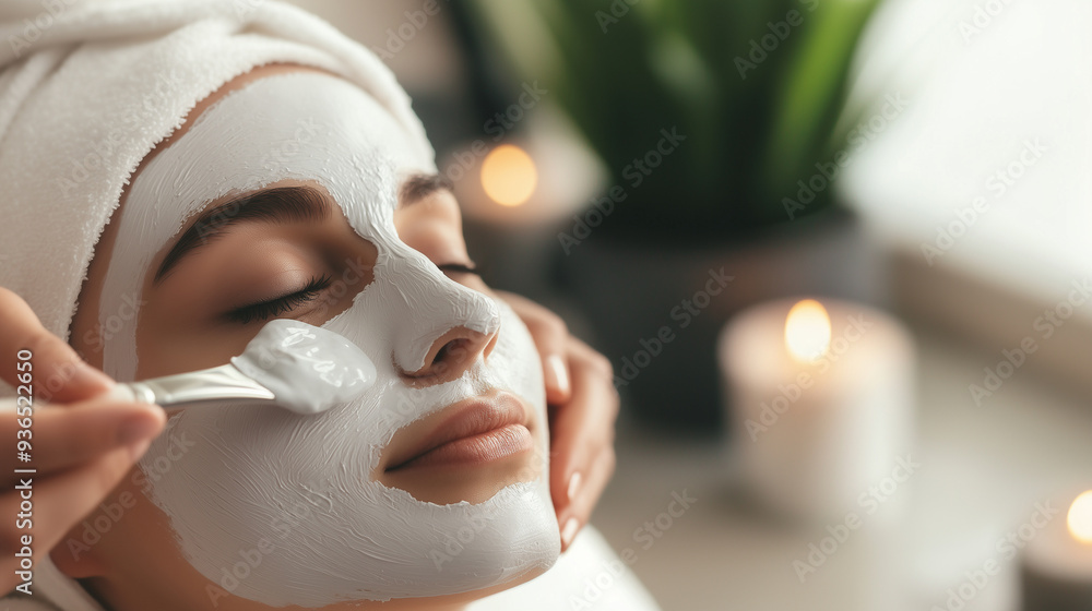 A close-up of a beautician carefully applying a white clay mask to a young woman's face in a serene beauty salon setting, highlighting the concept of rejuvenating spa treatments. p A close-up of a beautician carefully applying a white clay mask to a young woman's face in a serene beauty salon setting, highlighting the concept of rejuvenating spa treatments. p