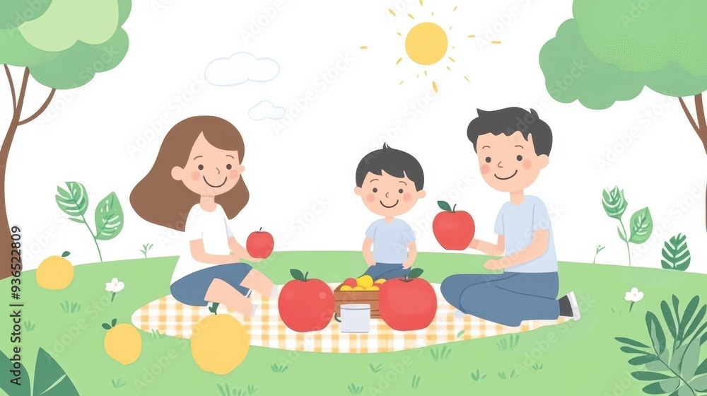 Happy family picnic in a sunny park with bright red apples and vibrant greenery Happy family picnic in a sunny park with bright red apples and vibrant greenery