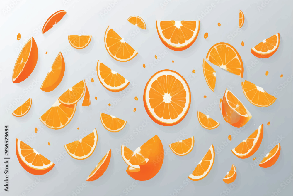Orange slices flying in the air isolated on pastel beige background. Juicy and fresh summer citrus fruit. Creative food concept Orange slices flying in the air isolated on pastel beige background. Juicy and fresh summer citrus fruit. Creative food concept