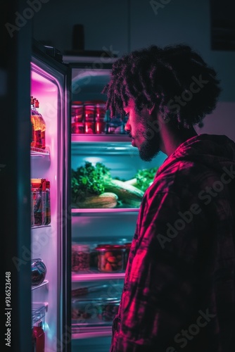 Man contemplating late-night snack in colorful refrigerator light