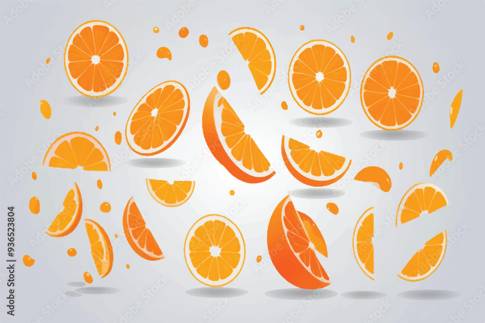 Orange slices flying in the air isolated on pastel beige background. Juicy and fresh summer citrus fruit. Creative food concept Orange slices flying in the air isolated on pastel beige background. Juicy and fresh summer citrus fruit. Creative food concept