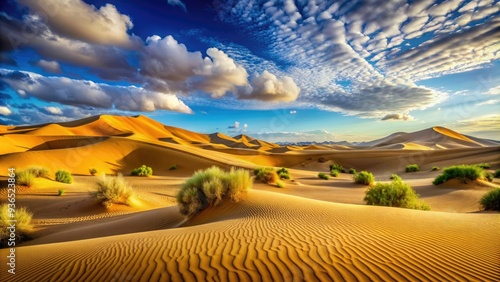 Golden dunes stretch endlessly beneath a vibrant blue sky, with sparse desert vegetation dotting the arid landscape in this serene and majestic natural wonder scene. photo