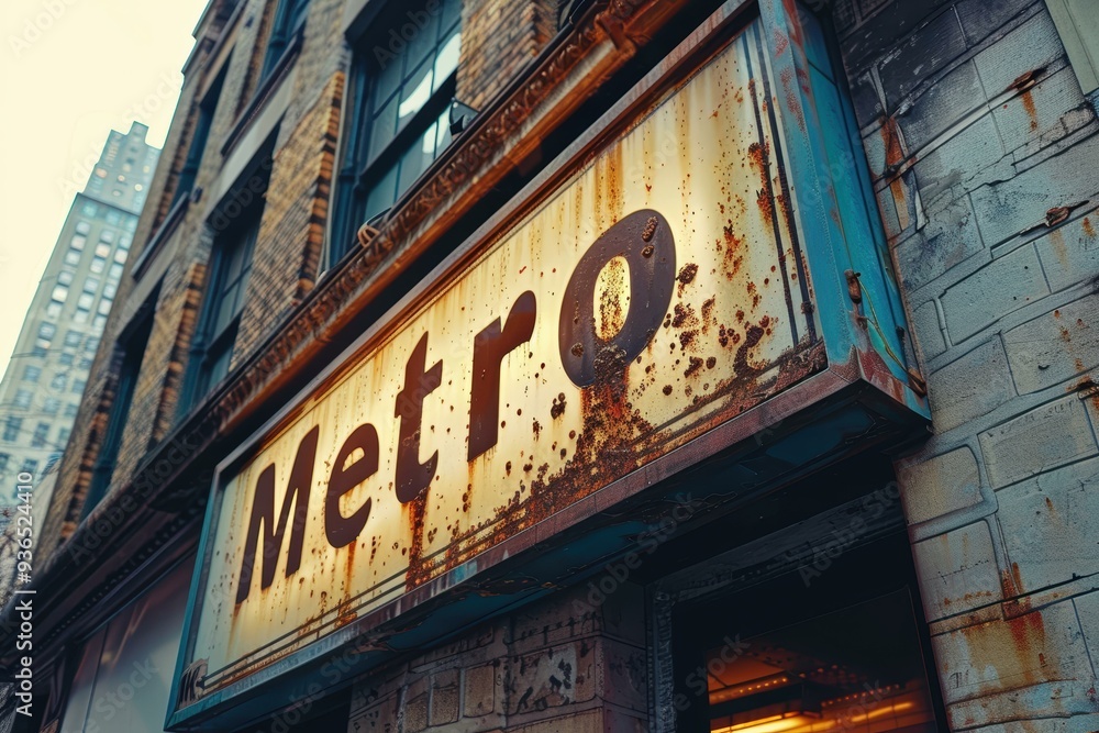 Rusty Metro sign outside a weathered brick building, perfect for illustrating urban decay, vintage aesthetics, or city-themed articles and designs Rusty Metro sign outside a weathered brick building, perfect for illustrating urban decay, vintage aesthetics, or city-themed articles and designs