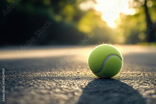 Tennis ball on the tennis court in a close-up shot with a soft focused, blurred background