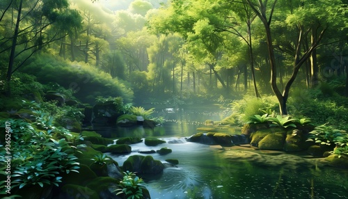 A vibrant and lush landscape featuring a meandering river cutting through a dense tropical rainforest. Towering trees with broad leaves form a thick canopy.