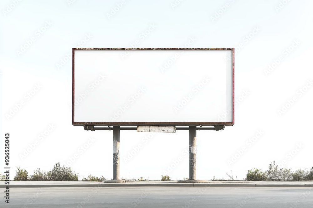 Obraz premium A large white blank billboard stands on the side of a road under a clear sky, ideal for commercial advertisement mockups, marketing campaigns, and design presentations,