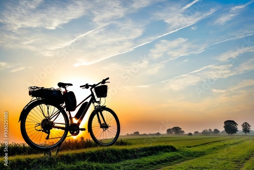 A bike parked in a green field at the end of a sunny day