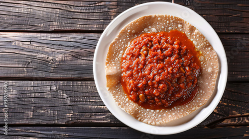 Top view of a delicious serving of ethiopian wat stew on injera flatbread, perfectly presented on a rustic wooden table setting