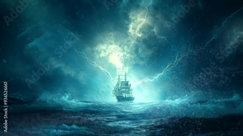 sailing ship or pirates ship on the sea with bad environment storm wave thunder at  sea video animation background for live wallpaper Seamless looping time-lapse 4k 