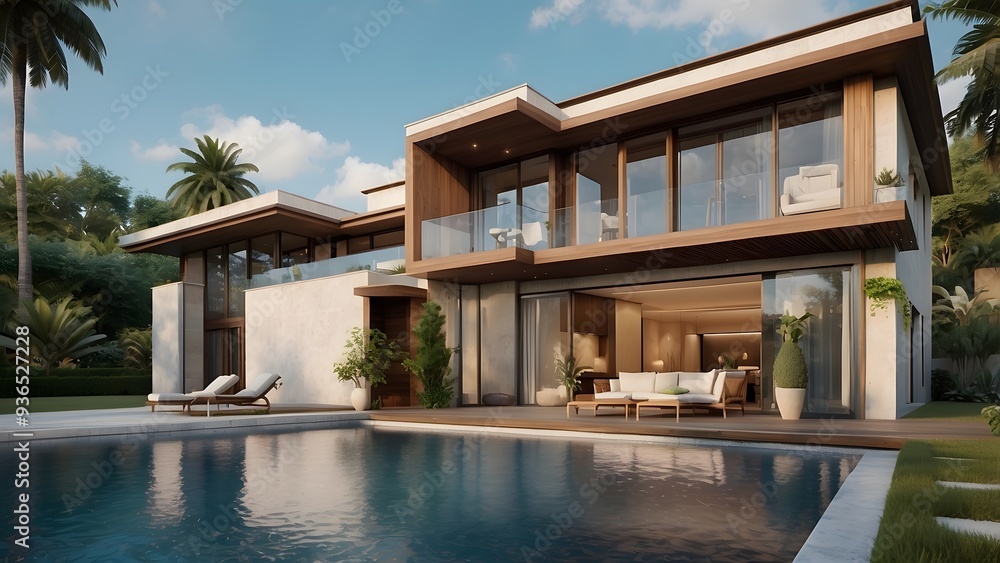 Architectural exterior design of lush green front yard of a palace, crystal clear swimming pool filled with water of a house Architectural exterior design of lush green front yard of a palace, crystal clear swimming pool filled with water of a house