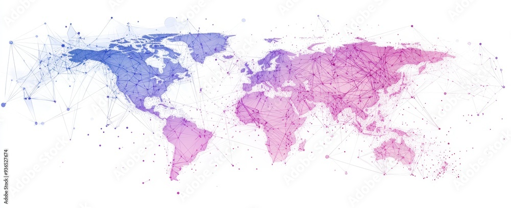 A world map made of lines connecting cities, with purple and blue colors on a white background Generative AI A world map made of lines connecting cities, with purple and blue colors on a white background Generative AI