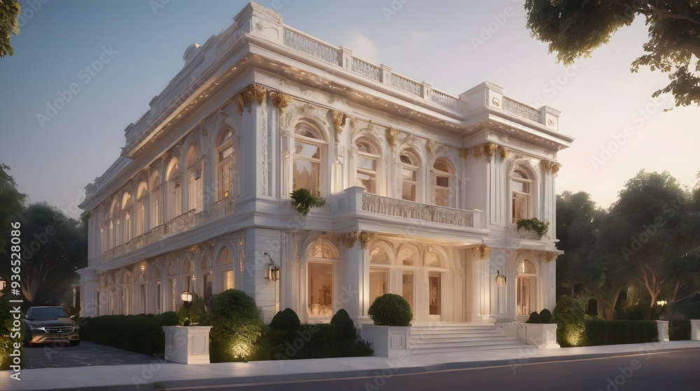 Obraz premium Exterior design of a modern luxurious building, full white color theme, real estate home exterior front elevation design
