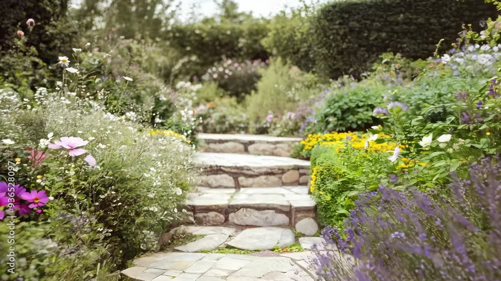 Stone garden path with vibrant blooming flowers. Scenic walkway. Garden design and landscaping. Gardening concept. Stone garden path with vibrant blooming flowers. Scenic walkway. Garden design and landscaping. Gardening concept.