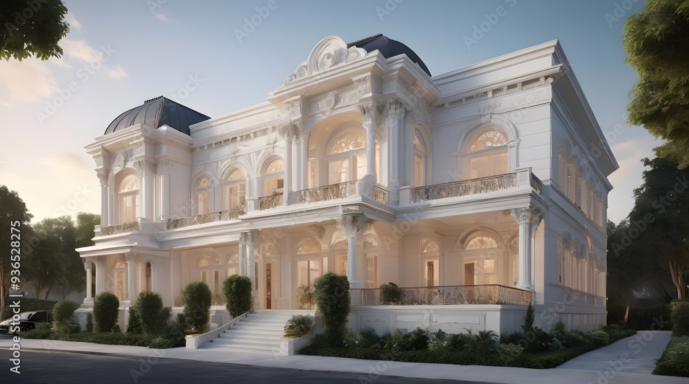 Exterior design of a modern luxurious building, full white color theme, real estate home exterior front elevation design Exterior design of a modern luxurious building, full white color theme, real estate home exterior front elevation design