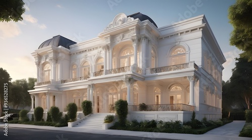 Exterior design of a modern luxurious building, full white color theme, real estate home exterior front elevation design 