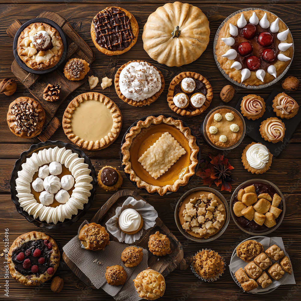 Autumn desserts table scene with an assortment of traditional fall sweet treats 