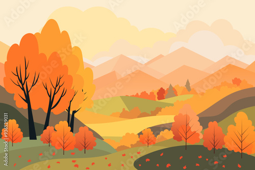 Beautiful autumn landscape of forest and mountains. Stunning landscape of mixed forest in the autumn season. Colorful trees and fields, fallen leaves and mountains. Autumn vector illustration.