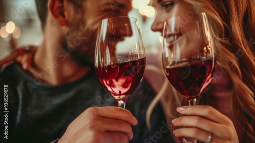 Romantic dinner with red wine against soft evening lights, a couple enjoying the moment. Perfect for restaurant ads and festive events. photo