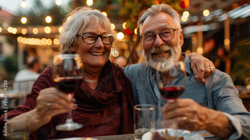 Mature couple celebrating with red wine in a festive outdoor setting. Ideal for ads focusing on celebrations and social gatherings. Mature couple celebrating with red wine in a festive outdoor setting. Ideal for ads focusing on celebrations and social gatherings.