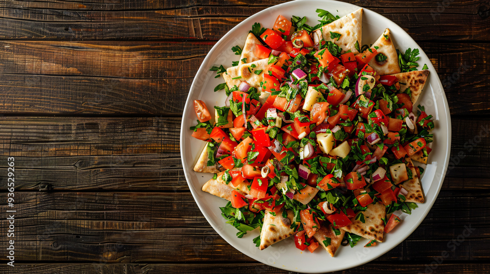 Fresh tomato salad with pita bread on a rustic wooden table: a delicious and healthy meal option Fresh tomato salad with pita bread on a rustic wooden table: a delicious and healthy meal option