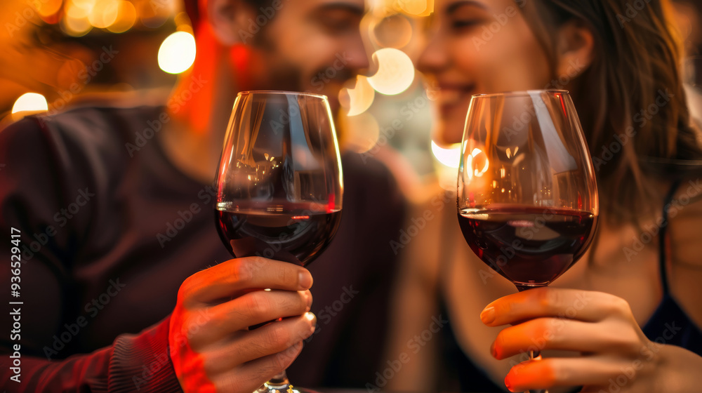 Couple sharing an intimate moment over red wine, toasting to their relationship. Perfect for romantic promotions and festive dining experiences. Couple sharing an intimate moment over red wine, toasting to their relationship. Perfect for romantic promotions and festive dining experiences.