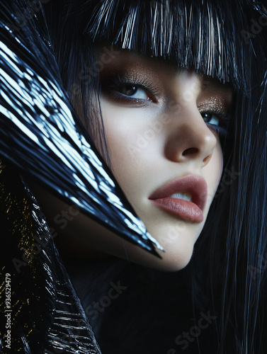 Futuristisches Gothic-Styling: Hübsches Top-Model mit extremen Make-up und avantgardistischer Mode photo