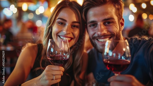 Couple sharing an intimate moment over red wine, toasting to their relationship. Perfect for romantic promotions and festive dining experiences.