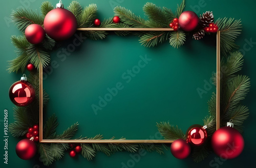 On a green background, a frame decorated with spruce branches and red Christmas toys. Free space in the middle for placing congratulations or advertising products.