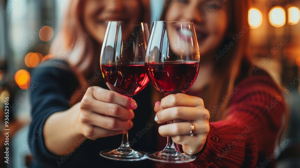 Two women clinking glasses of red wine, smiling in a warm, festive atmosphere. Perfect for holiday and celebration promotions. Two women clinking glasses of red wine, smiling in a warm, festive atmosphere. Perfect for holiday and celebration promotions.