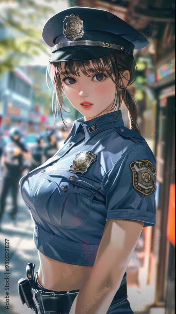 A policewoman exudes confidence in her uniform as she stands in a lively city, surrounded by colorful decorations and activity A policewoman exudes confidence in her uniform as she stands in a lively city, surrounded by colorful decorations and activity