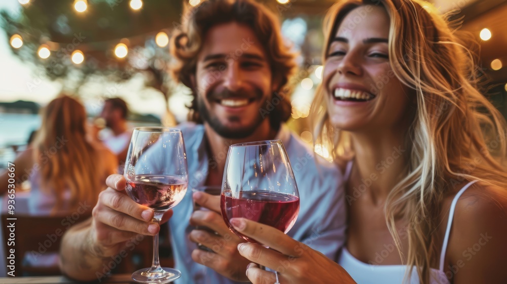 A couple enjoying a romantic dinner with wine, exchanging loving glances. Perfect for advertising romantic dinners and intimate moments. A couple enjoying a romantic dinner with wine, exchanging loving glances. Perfect for advertising romantic dinners and intimate moments.