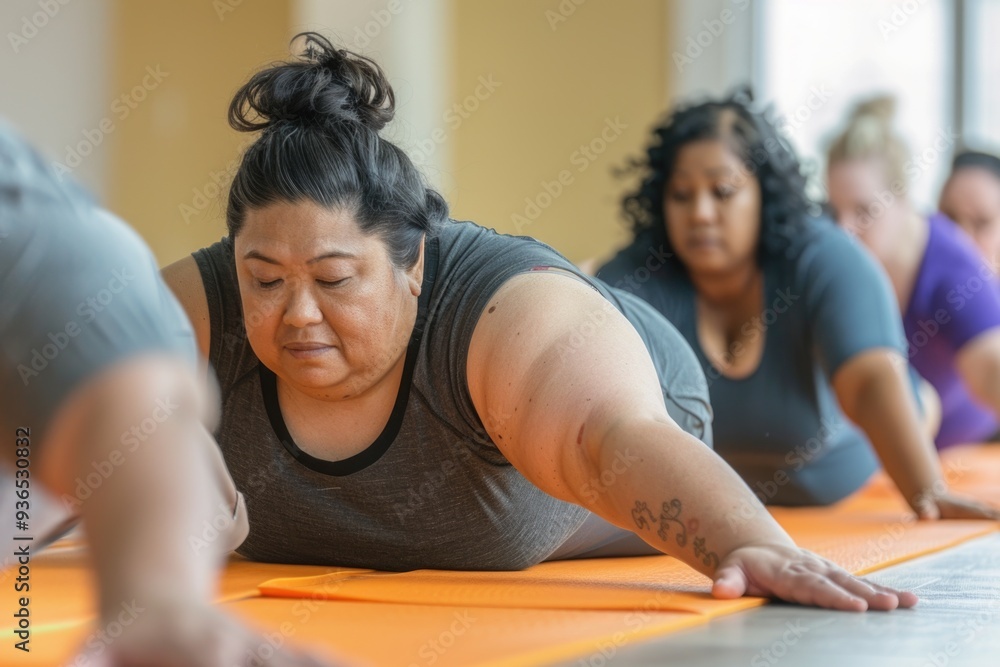 Diverse Group of Overweight Individuals Engaging in a Yoga Class for Wellness and Fitness Diverse Group of Overweight Individuals Engaging in a Yoga Class for Wellness and Fitness