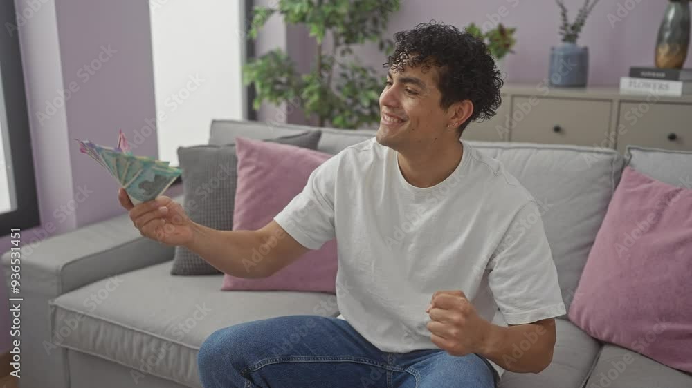 Young hispanic man excitedly holding indian rupees in a modern living room, smiling and celebrating financial success. Young hispanic man excitedly holding indian rupees in a modern living room, smiling and celebrating financial success.