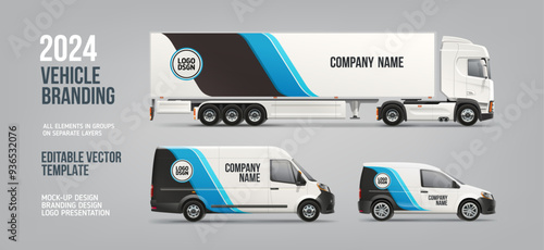 Realistic vector Van, Truck trailer mock-up set with branding design. Branding vehicle. Abstract graphic of blue and black stripes with space for logo design. Delivery Car with branding graphics