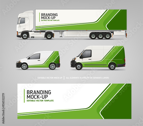 Vector Van, Trailer Truck side view mockup for branding and corporate identity. Abstract graphics of green stripes for vehicle branding and horizontal AD banner