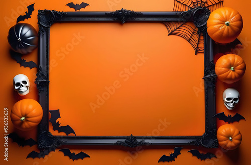 Black frame on orange background with pumpkins ,spider web , bat and skulls. Composition for the Halloween holiday, a lot of space for placing text or advertising.