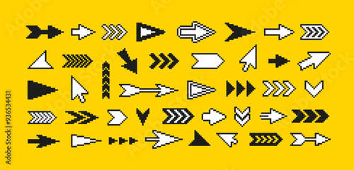 Perfect Pixel Arrow icons and Pointer signs in retro video game style. Editable 8-Bit pixel Cursors and Arrows symbols and retro game assets elements. Editable vector graphics