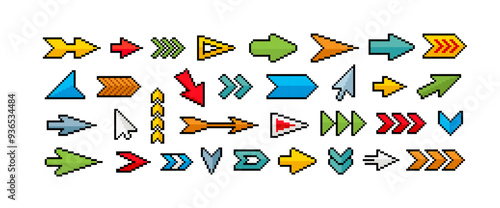 Colorful Pixel Arrow icons and Pointer signs in retro video game style. Editable 8-Bit pixel Cursors and Arrows symbols and retro game assets element. Editable Vector Isolated on white background