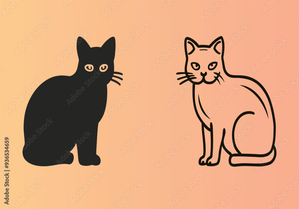 Fototapeta premium Minimalist Black and Outline Cat Duo on Warm Gradient Background - Vector Illustration