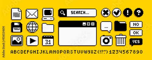 PC user interface icons in 90s pixel art style (2). Retro pixel video game style office and organizer App icons set, browser, Search bar, PC window, media player. Editable pixel vector