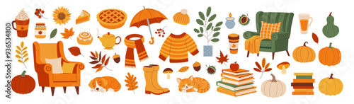 A colorful image of a fall scene with various items such as a chair, a book, a pumpkin, and a cup